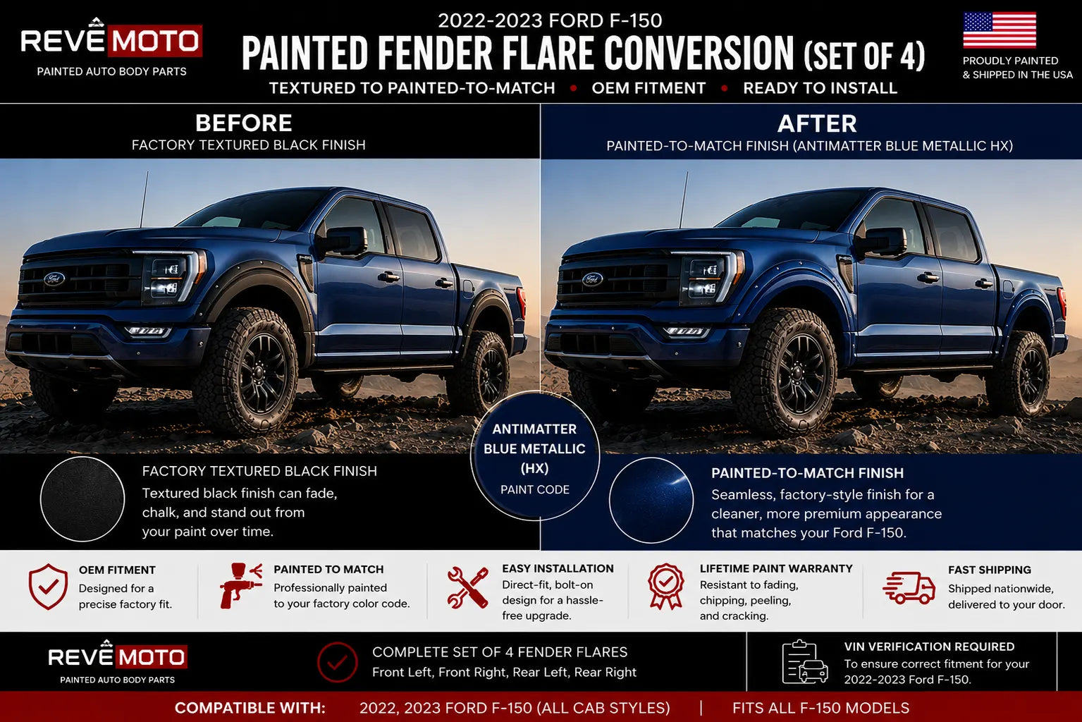 2022-2023 Ford F-150 : Painted Fender Flare Conversion (Pocket Flares | Set of 4) | Painted to Match, Ready to Install - Antimatter Blue Metallic (HX)