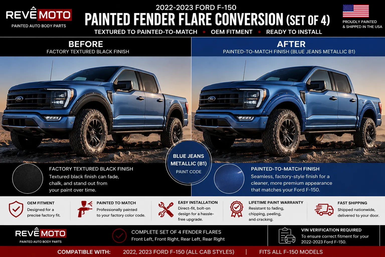 2022-2023 Ford F-150 : Painted Fender Flare Conversion (Pocket Flares | Set of 4) | Painted to Match, Ready to Install - Blue Jeans Metallic (N1)