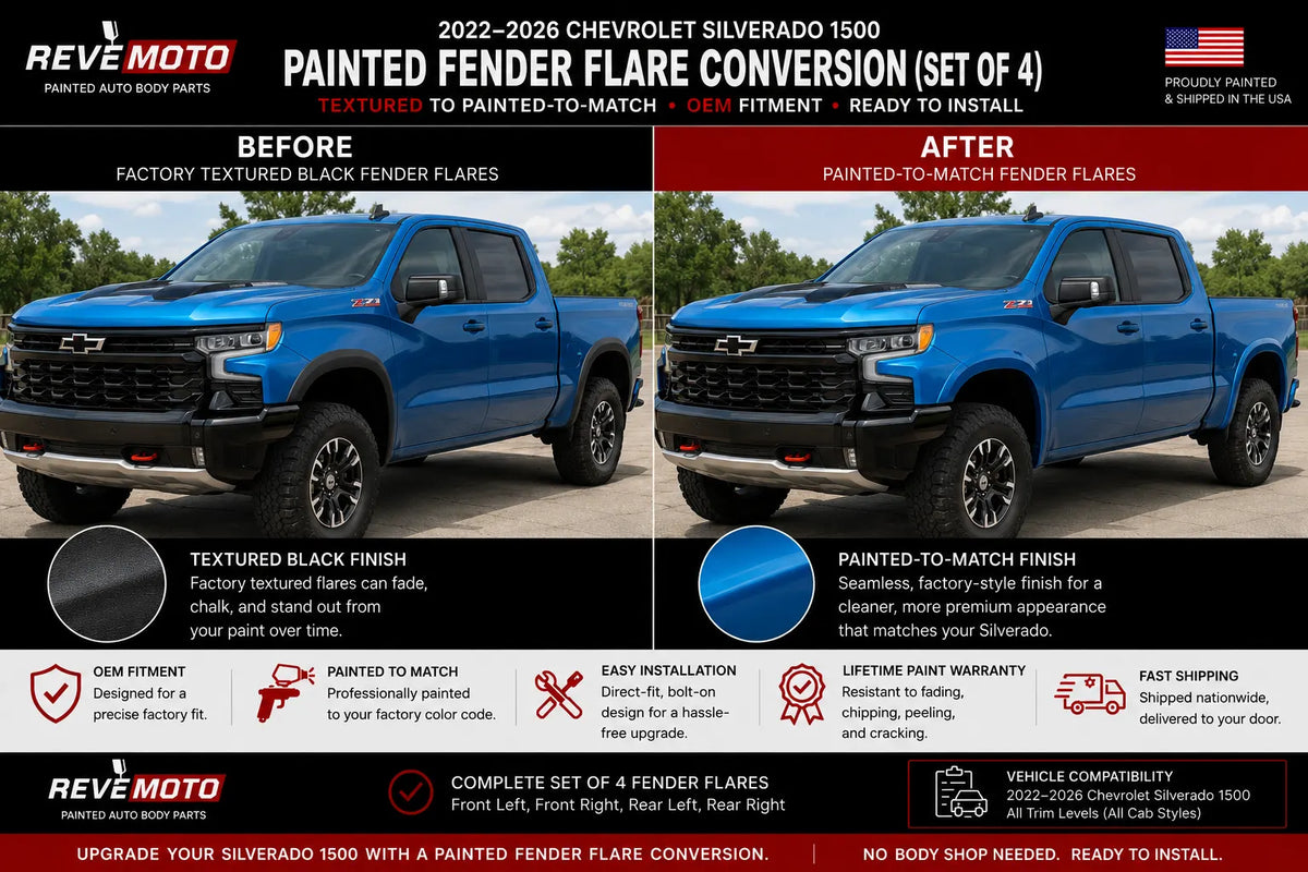 2022-2026 Chevrolet Silverado 
 Painted Fender Flare Conversion (OEM; 1500 | Set of 4) | Painted to Match, Ready to Install - Before and After Image