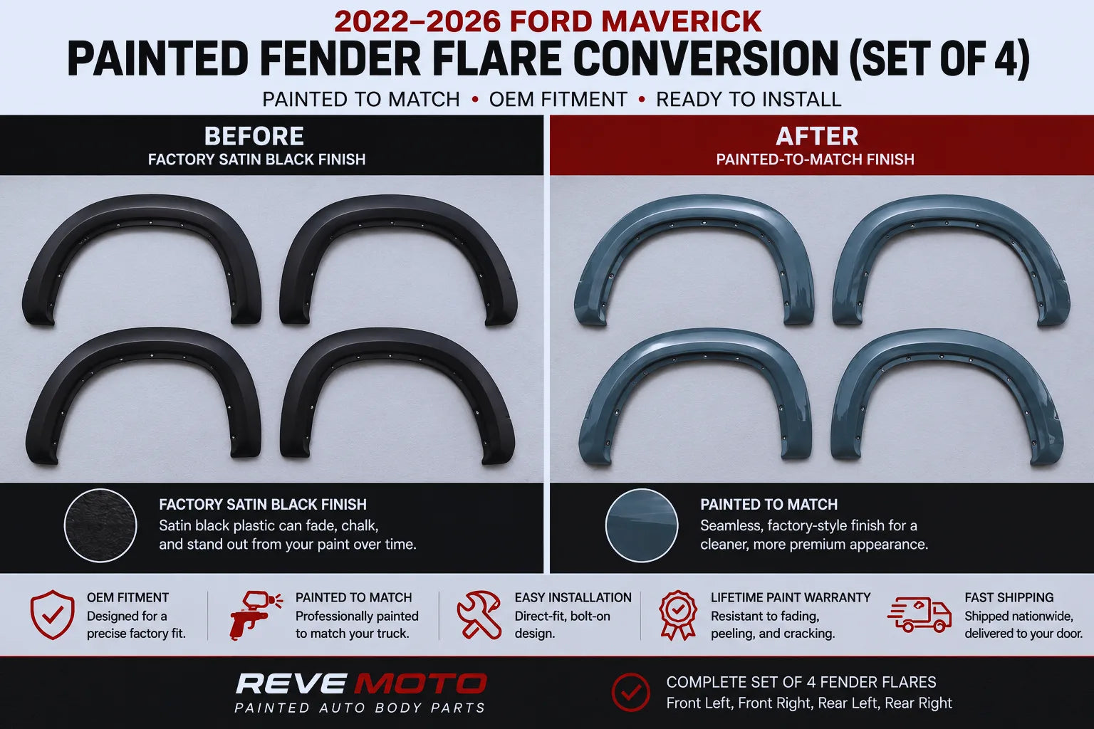 2022–2026 Ford Maverick Painted Fender Flare Conversion (OEM | Set of 4) – Satin Black to Painted-to-Match 