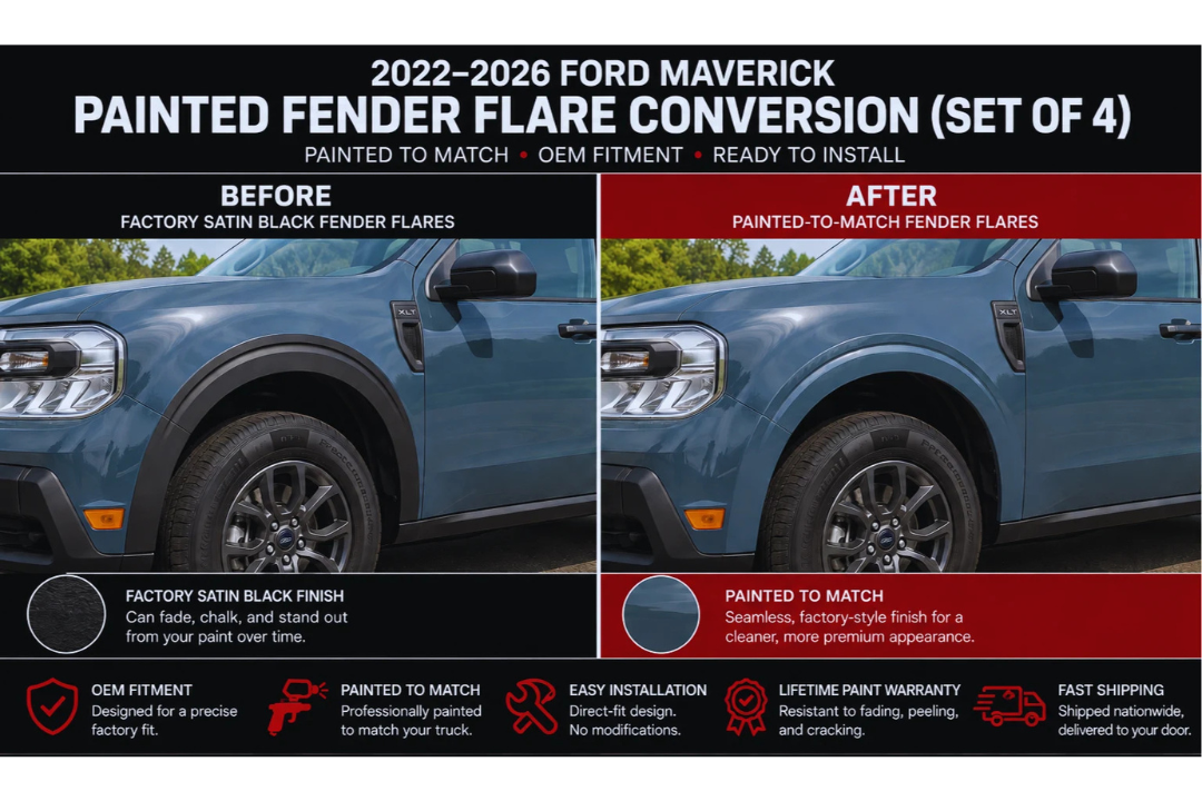 2022–2026 Ford Maverick Painted Fender Flare Conversion (OEM | Set of 4) – Satin Black to Painted-to-Match - Before and After Image