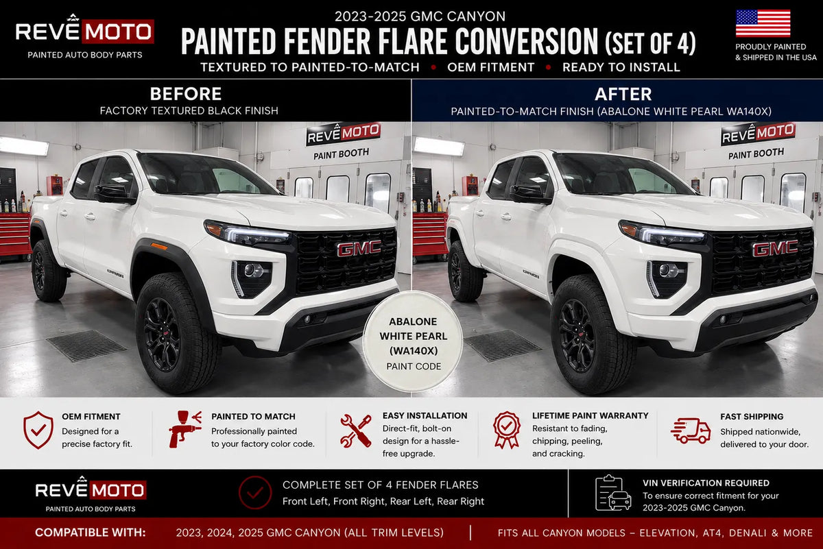 2023-2025 GMC Canyon Painted Fender Flare Painted (OEM; Set of 4) | Painted to Match, Ready to Install - Before and After Image - Abalone White Pearl (WA140X)
