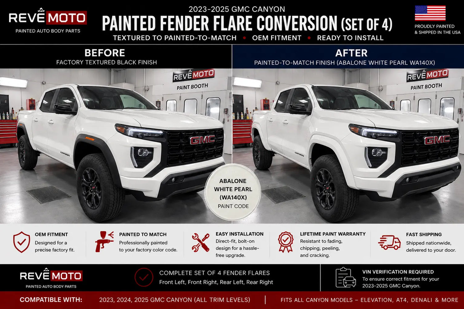 2023-2025 GMC Canyon Painted Fender Flare Painted (OEM; Set of 4) | Painted to Match, Ready to Install - Before and After Image - Abalone White Pearl (WA140X)