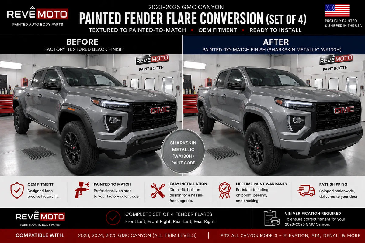2023-2025 GMC Canyon Painted Fender Flare Painted (OEM; Set of 4) | Painted to Match, Ready to Install - Before and After Image - Sharkskin Metallic (WA130H)