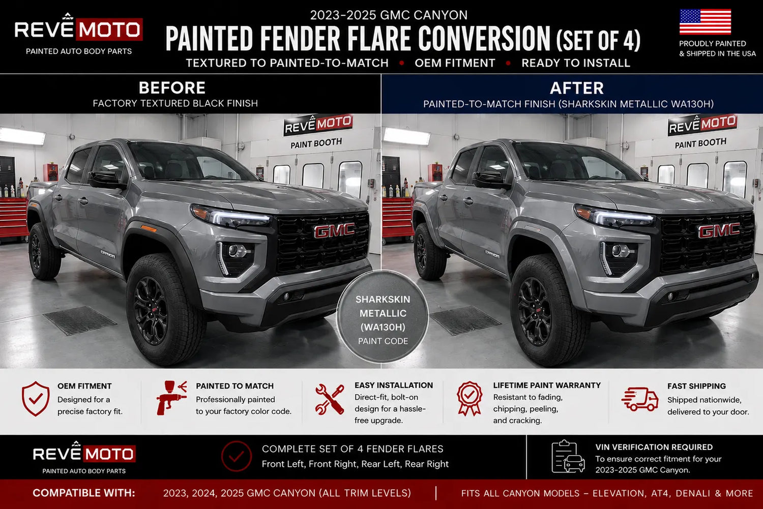 2023-2025 GMC Canyon Painted Fender Flare Painted (OEM; Set of 4) | Painted to Match, Ready to Install - Before and After Image - Sharkskin Metallic (WA130H)