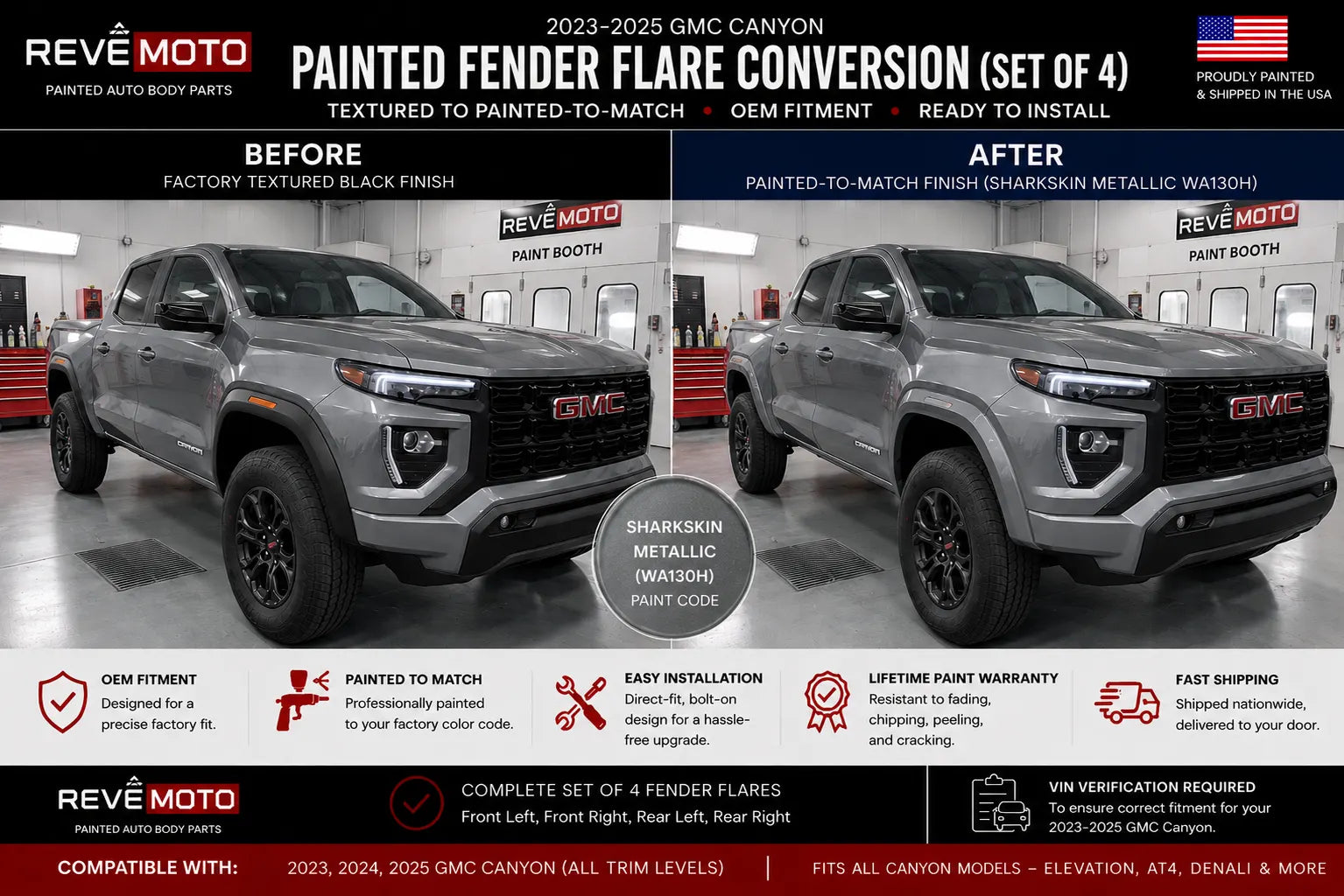 2023-2025 GMC Canyon Painted Fender Flare Painted (OEM; Set of 4) | Painted to Match, Ready to Install - Before and After Image - Sharkskin Metallic (WA130H)