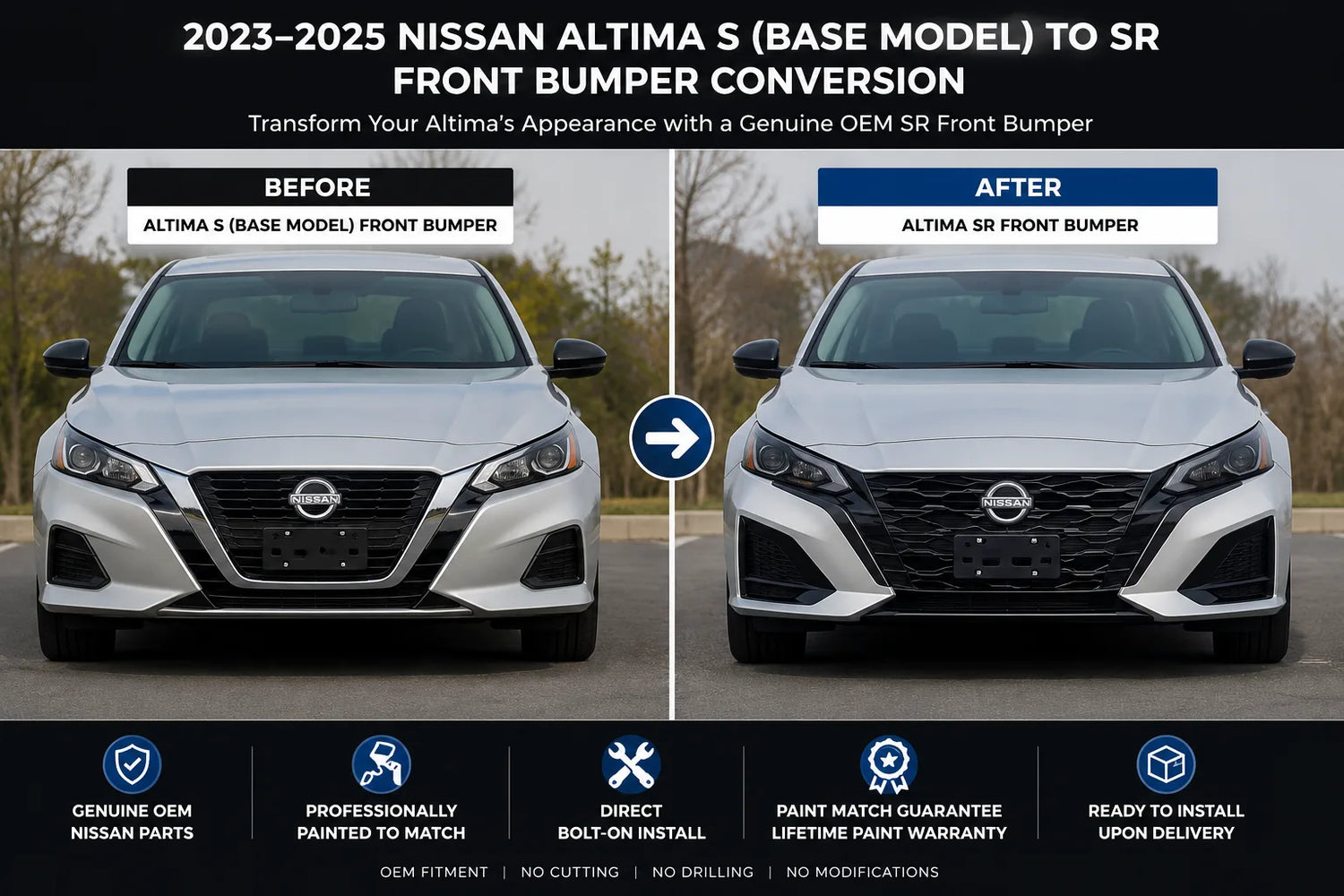 2023-2025 Nissan Altima S (Base Model) to SR Front Bumper Conversion Kit | Painted to Match, Ready to Install