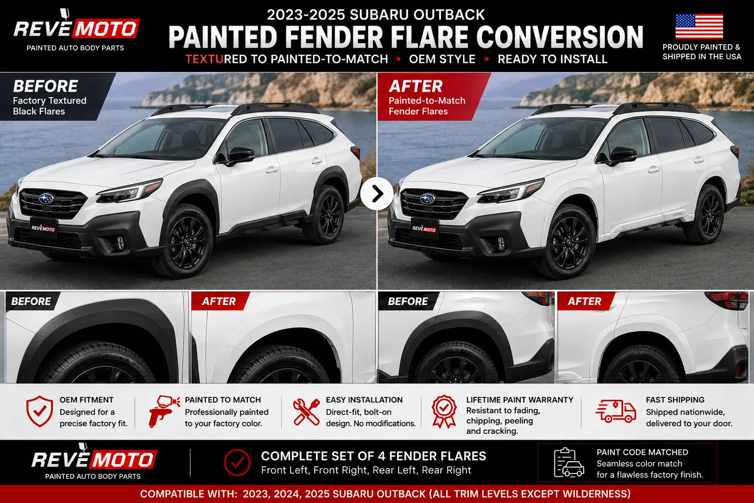 2023-2025 Subaru Outback Painted Fender Flare Conversion Kit (OEM Style | Set of 4) – Painted to Match, Ready to Install - Before and After Image 