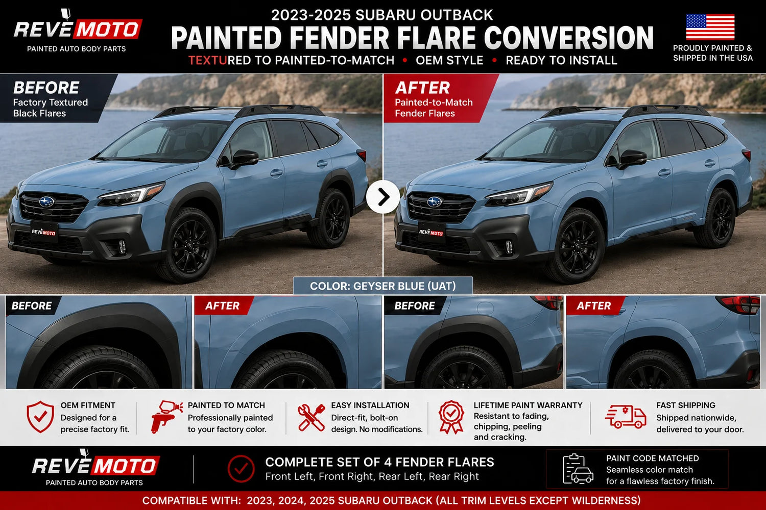 2023-2025 Subaru Outback Painted Fender Flare Conversion Kit (OEM Style | Set of 4) – Painted to Match, Ready to Install - Before and After Image - Geyser Blue (UAT)