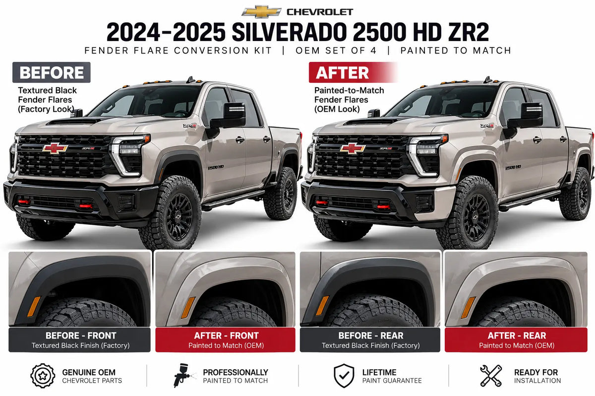 2024-2025 Chevrolet Silverado Painted Fender Flare Conversion (OEM; 2500 HD | Set of 4 | ZR2 Models) | Painted to Match, Ready to Install