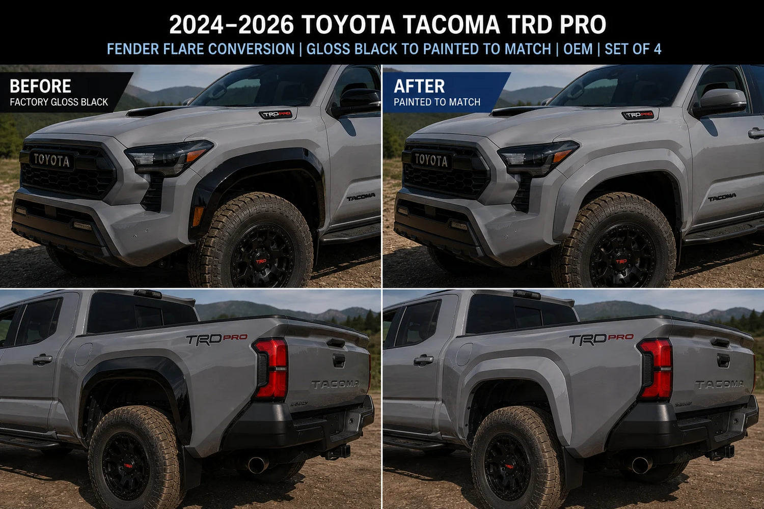 2024-2026 Toyota Tacoma TRD Pro Fender Flare Conversion | Gloss Black to Painted to Match | OEM | Set of 4  