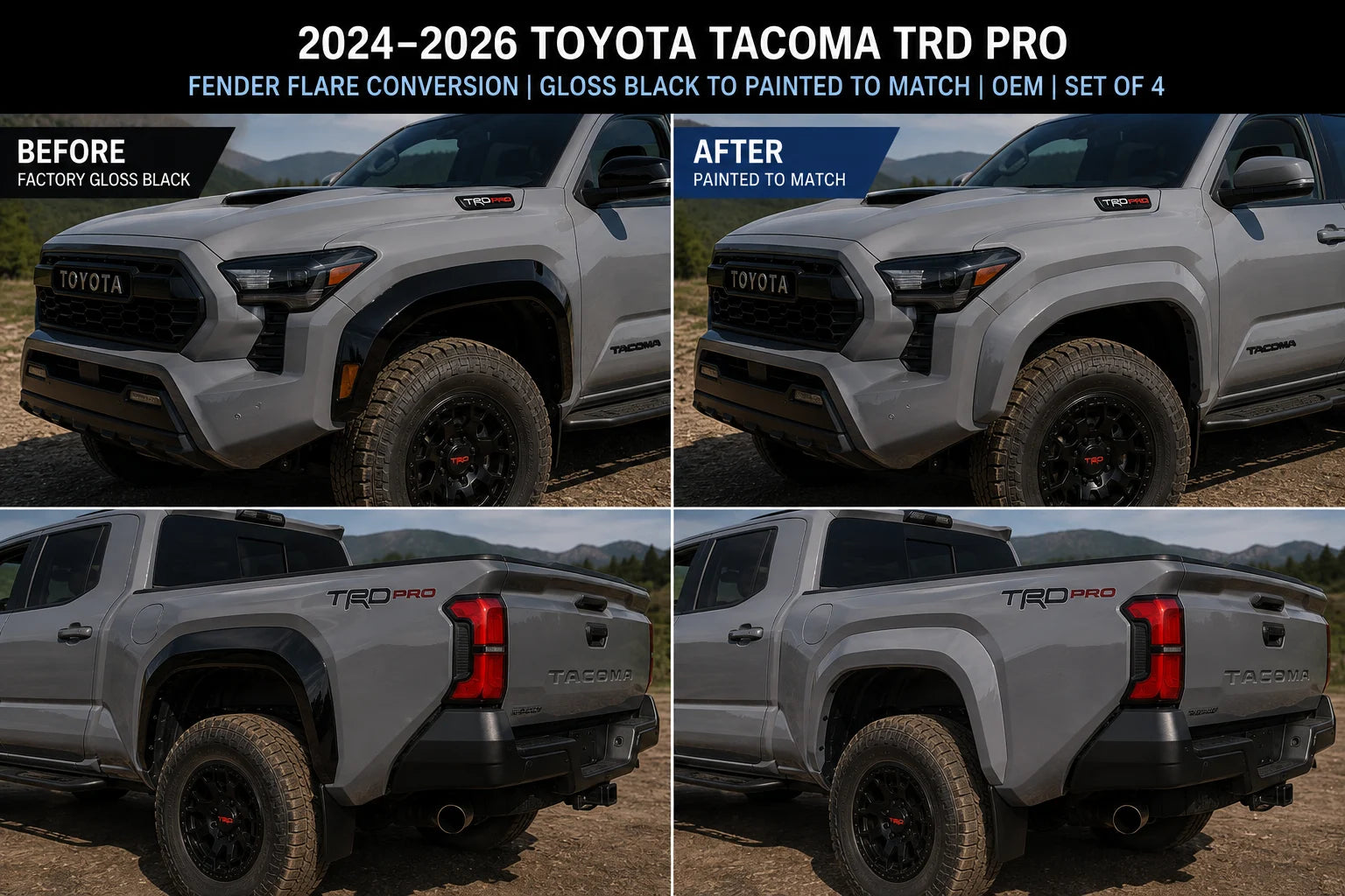 2024-2026 Toyota Tacoma TRD Pro Fender Flare Conversion | Gloss Black to Painted to Match | OEM | Set of 4  