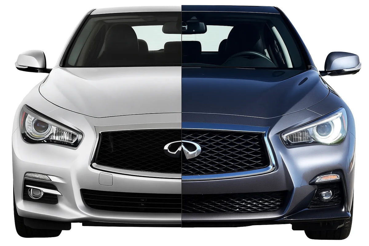 Infiniti Q50 14+ Non-Sport to Infiniti 2018+ Q50 Sport Model Style Front Bumper Cover Fascia Conversion Kit Before and After Image