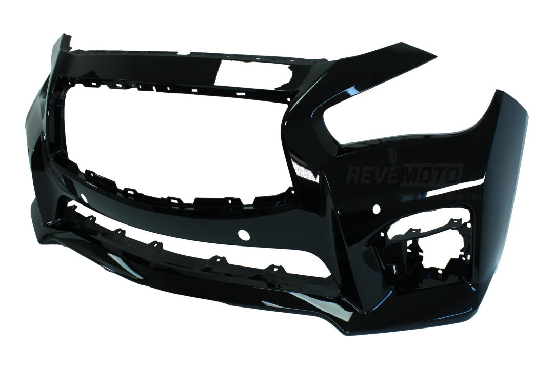 Painted Front Bumper Cover for 2014-2017 Infiniti Q50 Front Bumper Painted Black Obsidian (KH3) WITH: Park Assist Sensor Holes 620224HE0H IN1000259 ReveMoto Painted Auto Body Parts Replacement