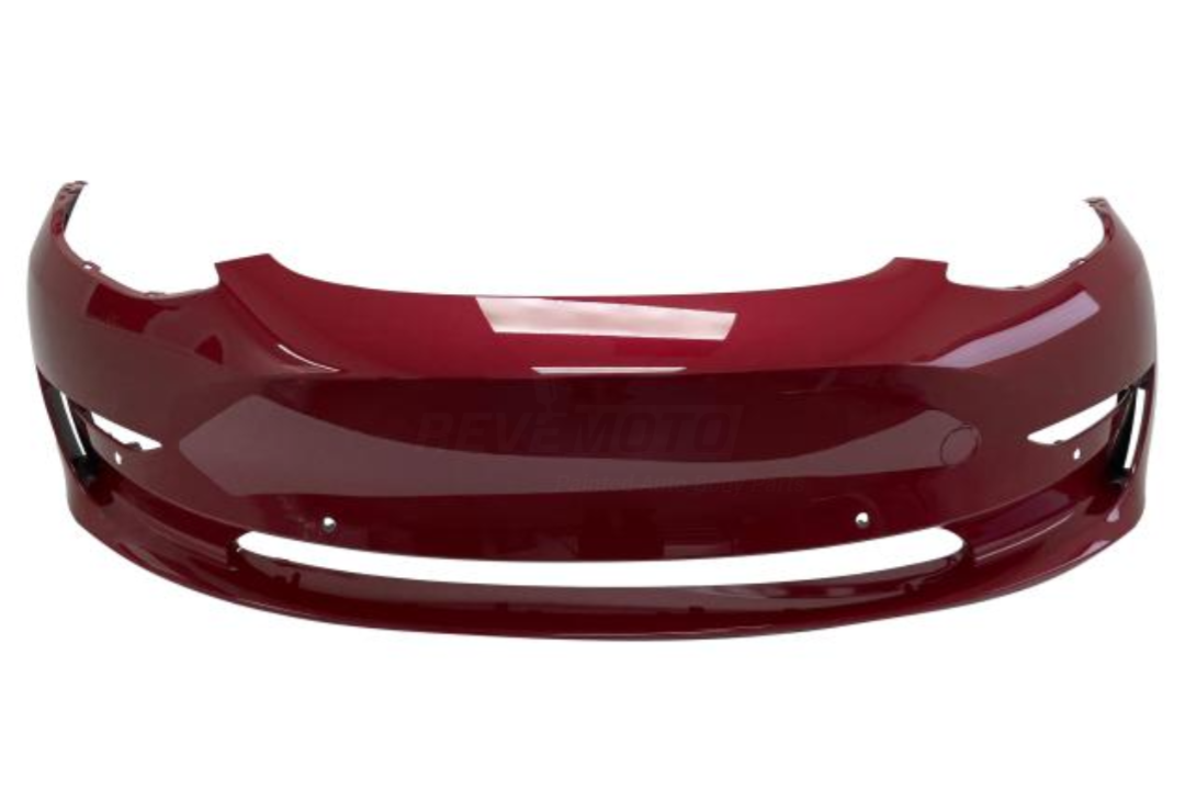 Painted Front Bumper for 2017-2023 Tesla Model 3 - Sunset Red Metallic/Sunset Red Pearl / New Red Pearl (PPMR) - Part Number 1084168S0E - ReveMoto Replacement Painted Car Parts Painted Auto Parts