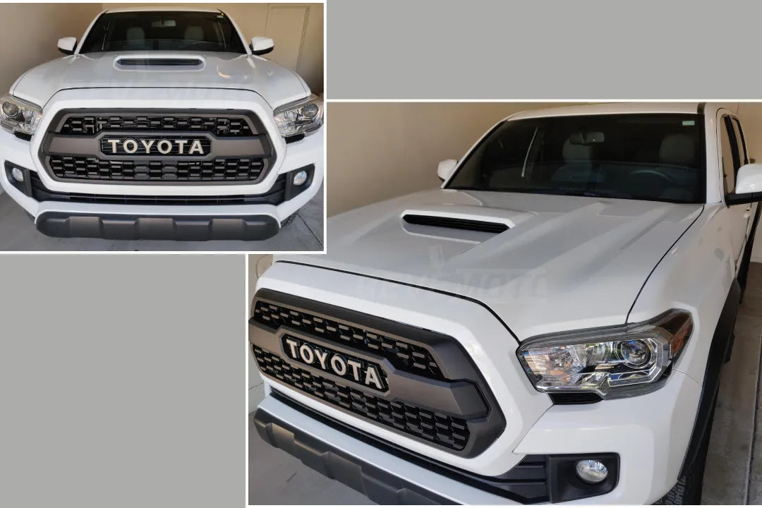 Painted Hood Conversion TRD Hood Conversion for 2016-2024 Toyota Tacoma Super White 040 With Scoop ReveMoto Painted Auto Body Parts Replacement - Closed-Up Look -2