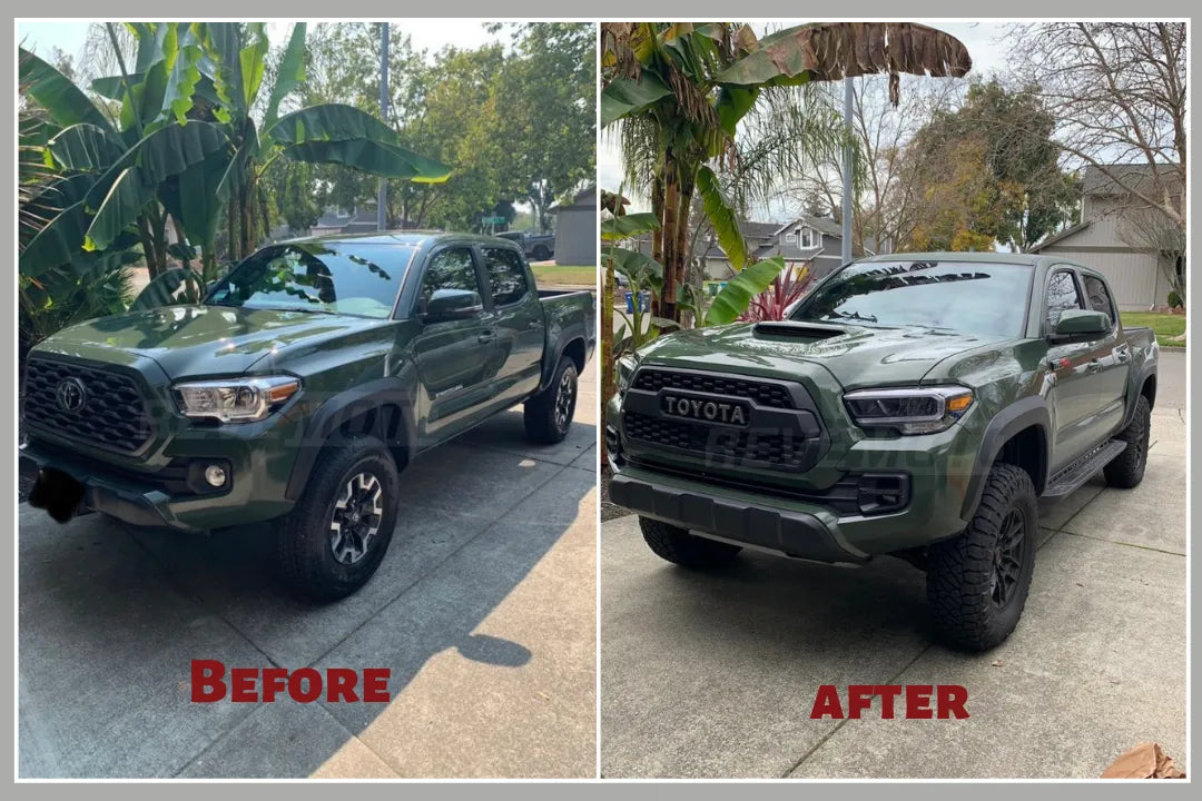 Painted Hood Conversion for 2016-2024 Toyota Tacoma WITH Scoop Opening Army Green 6V7 Before After Photos ReveMoto Painted Auto Parts Replacement
