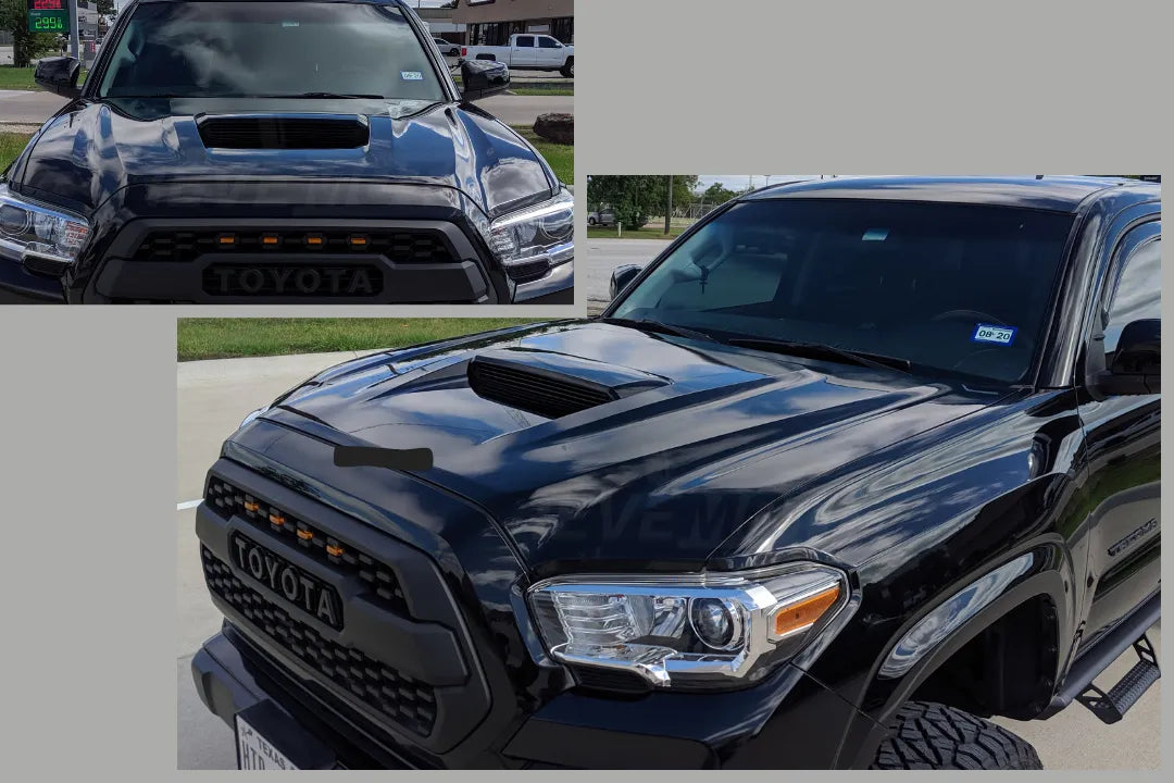Painted Hood Conversion for 2016-2024 Toyota Tacoma WITH Scoop Opening Black 202 Closed Up Painted Hood Conversion for 2016-2024 Toyota Tacoma WITH Scoop Opening Black 202 Before After Photos ReveMoto Painted Auto Parts ReplacementLo