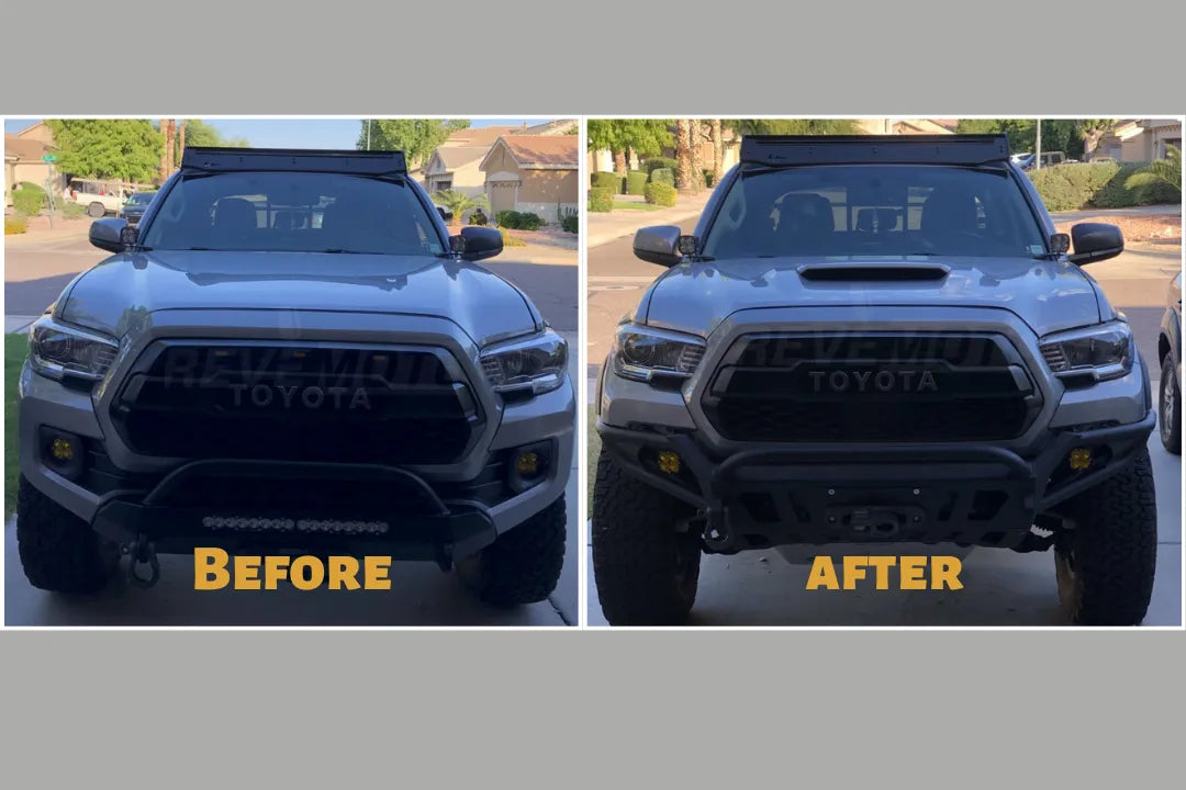 Painted Hood Conversion for 2016-2024 Toyota Tacoma WITH Scoop Opening Cement Gray Metallic 1H5 Before After Photos ReveMoto Painted Auto Parts Replacement