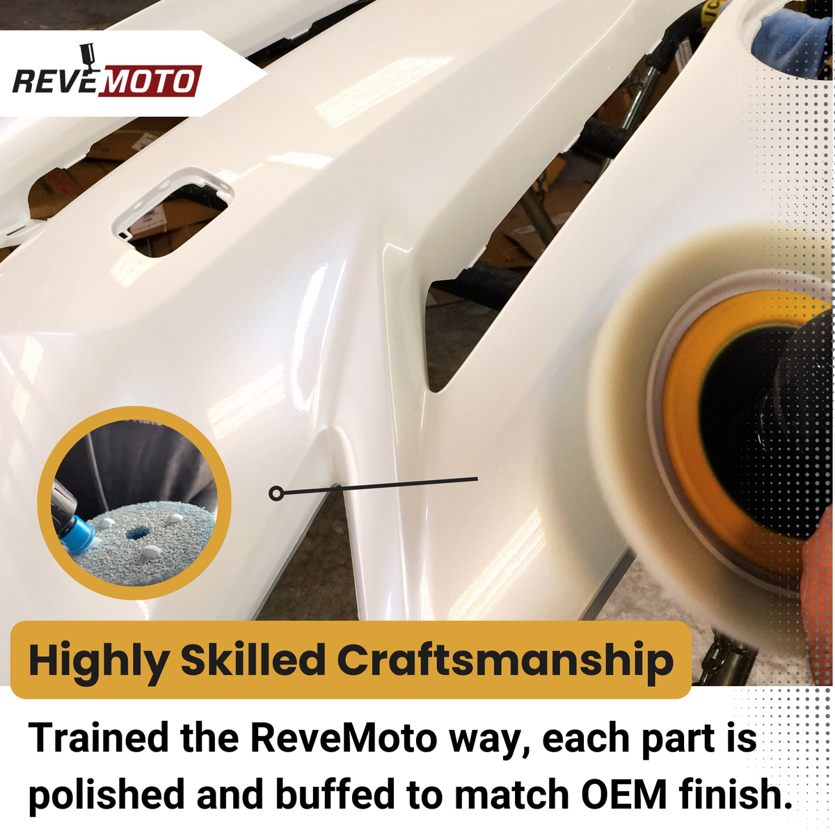 ReveMoto Quality Control - Highly Skilled Craftsmanship - We Polish and Buff Each Part ReveMoto Painted Auto Body Parts Replacement