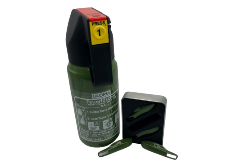 Green OEM fire extinguisher with its labels visible and matching painted clips, painted by ReveMoto