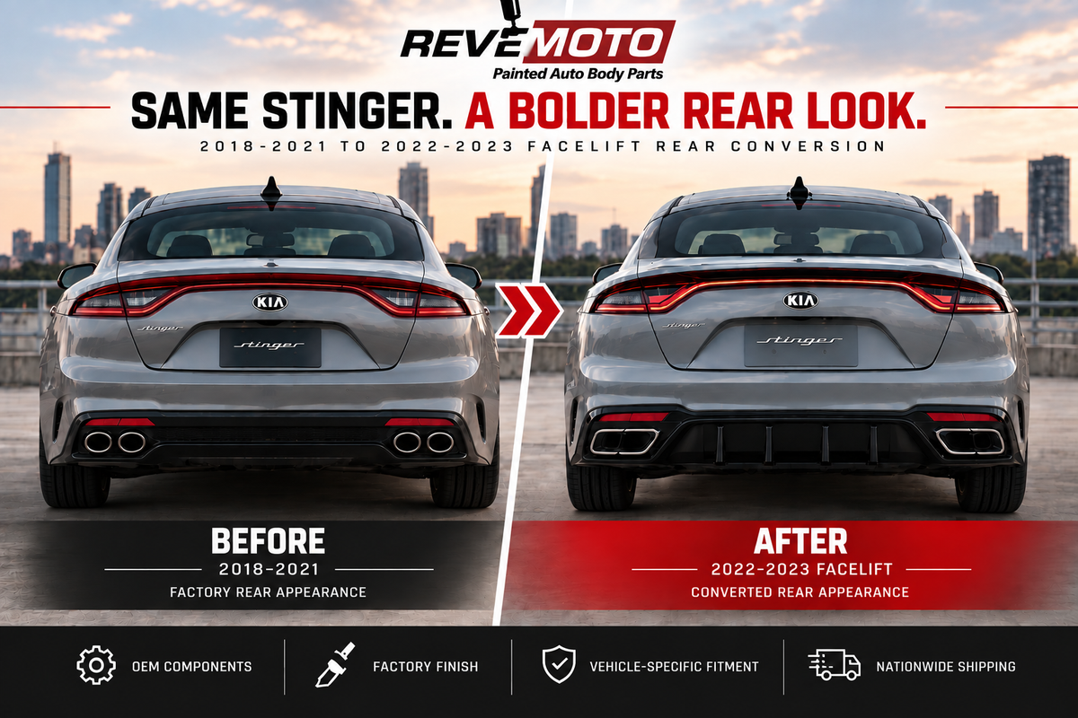 Before and after comparison of 2018–2021 Kia Stinger converted to 2022–2023 facelift rear appearance