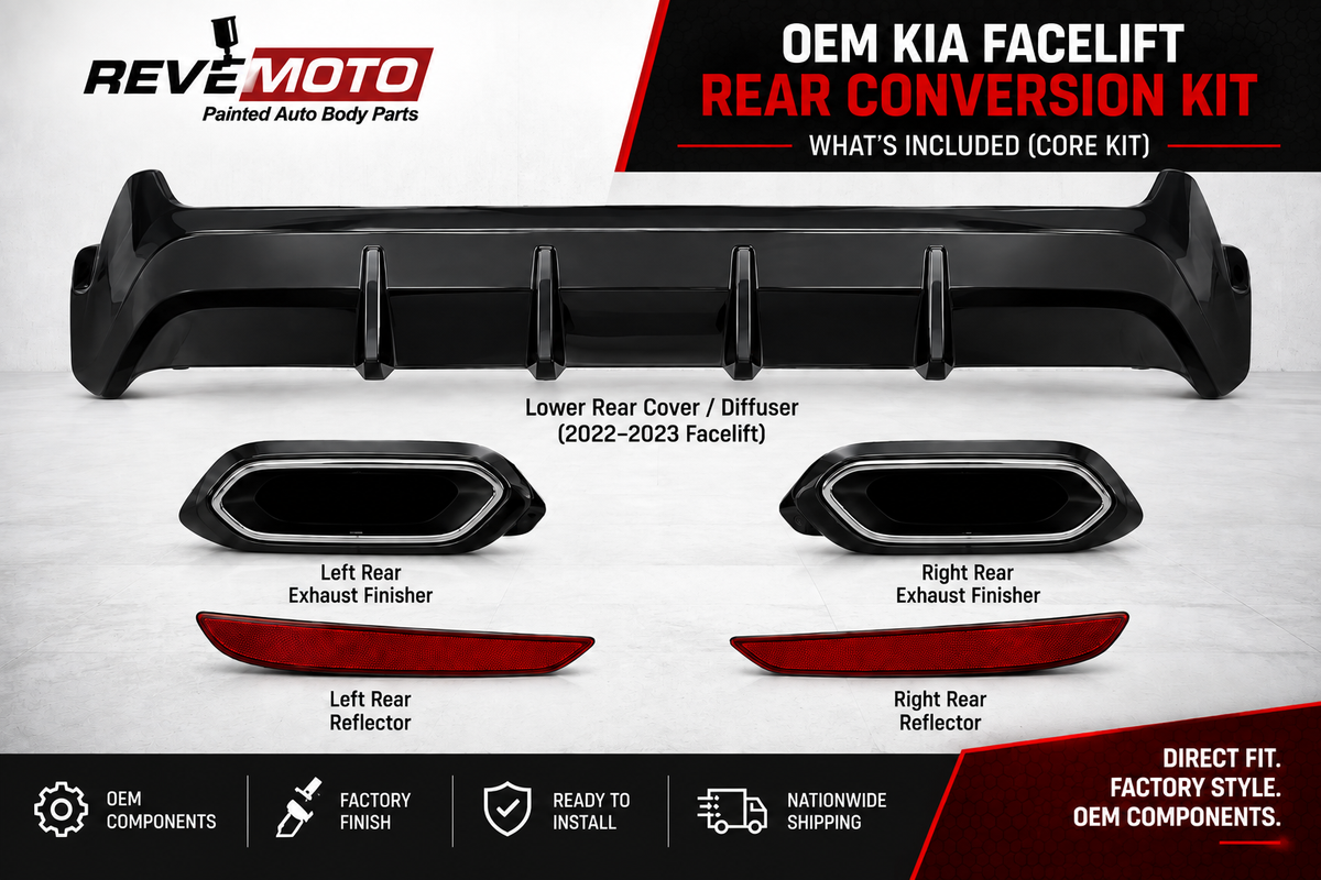 OEM Kia Stinger facelift rear conversion kit with lower rear diffuser, left and right exhaust finishers and rear reflectors
