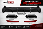 OEM Kia Stinger facelift rear conversion kit with lower rear diffuser, left and right exhaust finishers and rear reflectors