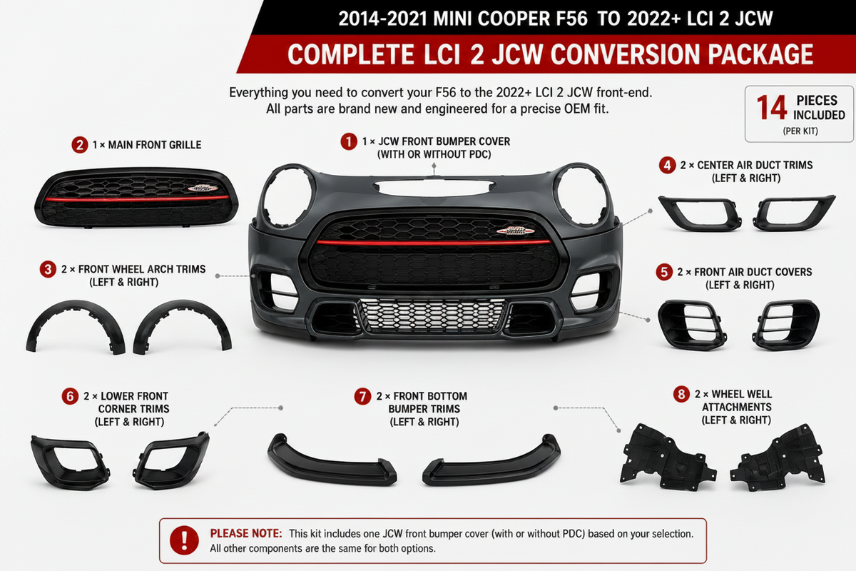 2014-2021 MINI Cooper F56 to 2022+ LCI2 JCW complete front bumper conversion kit components
