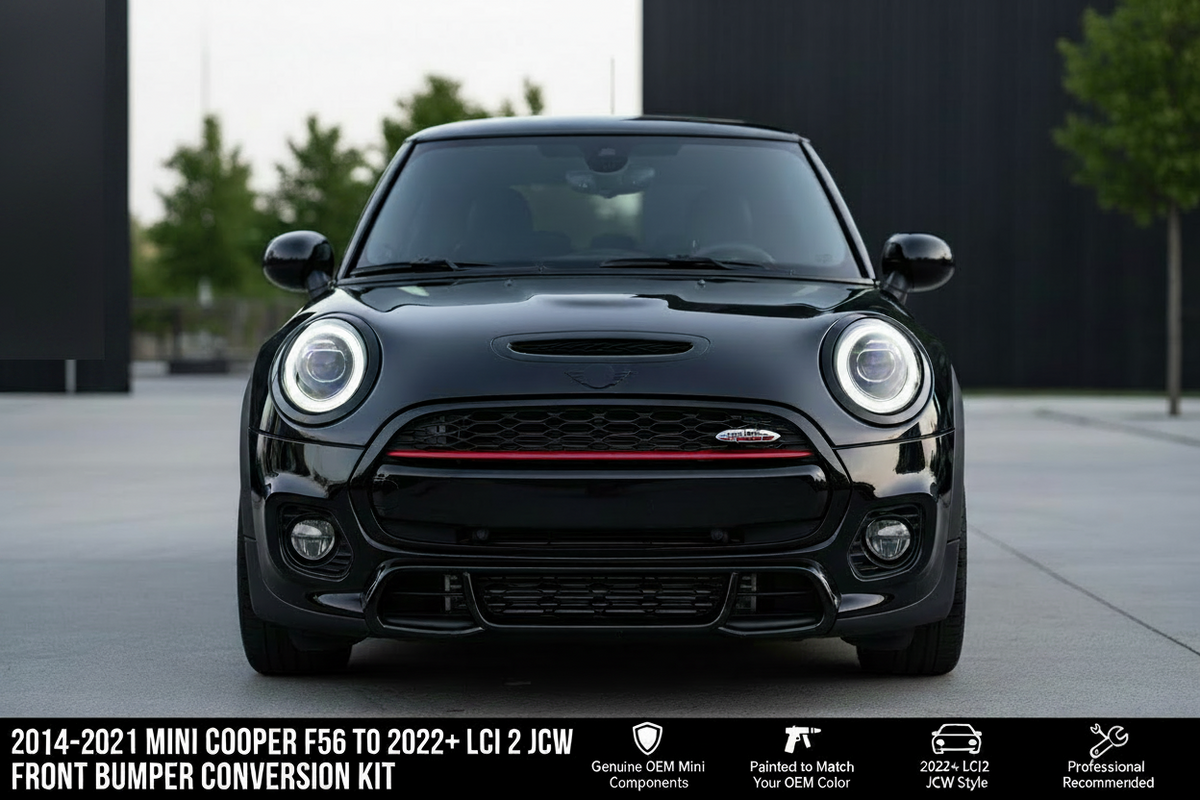 2014-2021 MINI Cooper F56 to 2022+ LCI2 JCW front bumper conversion front view