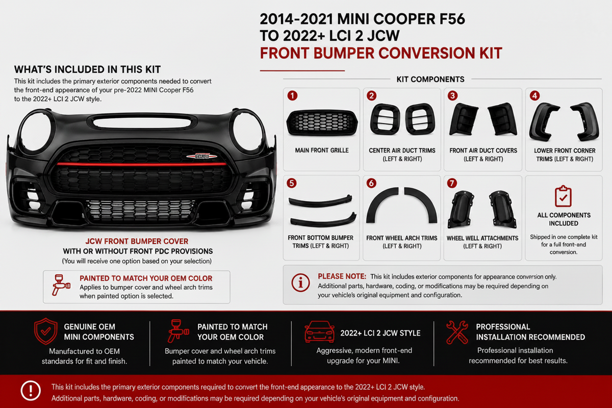 2014-2021 MINI Cooper F56 to 2022+ LCI2 JCW front bumper conversion kit components and included parts