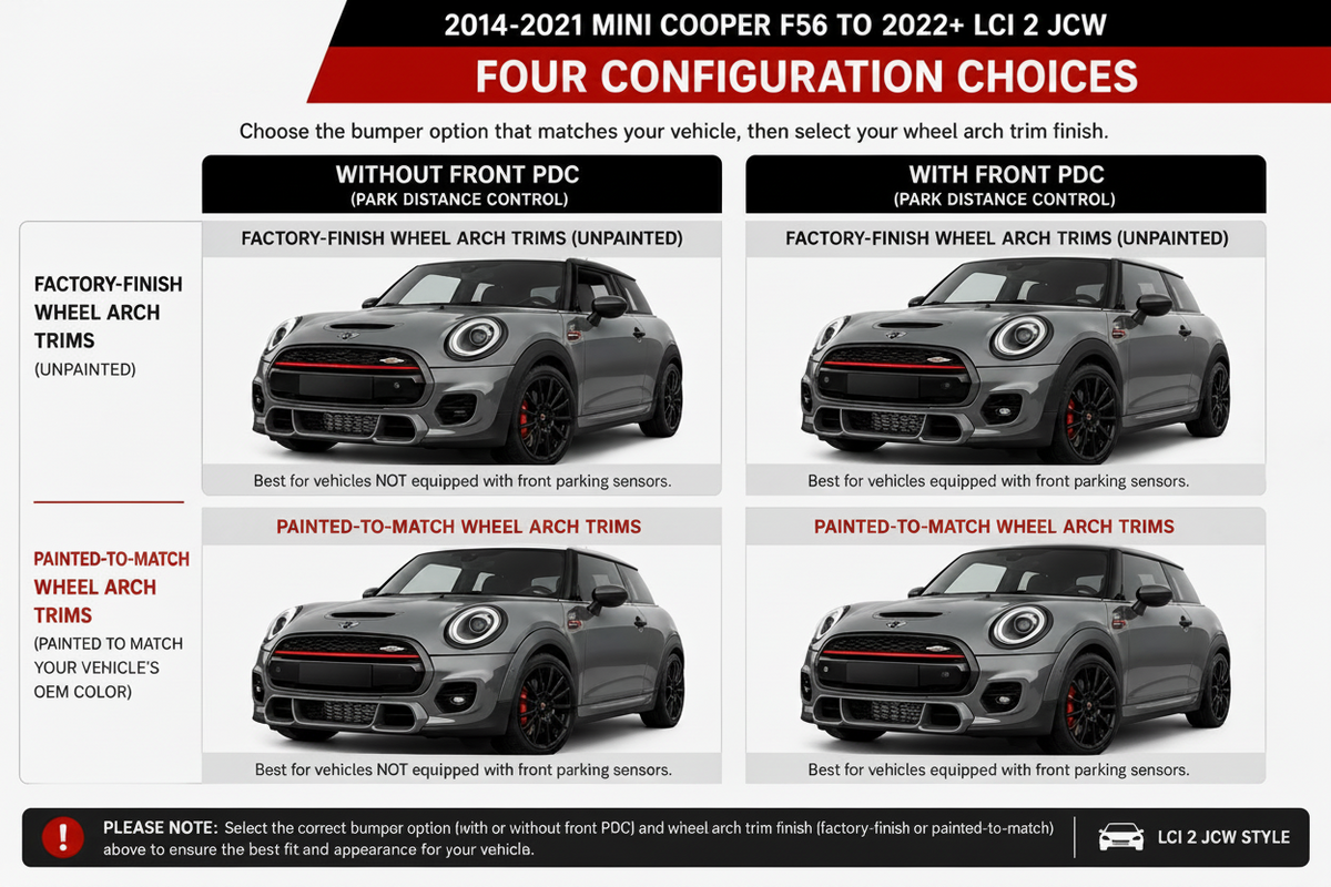2014-2021 MINI Cooper F56 LCI2 JCW front bumper conversion configuration options with or without front parking sensors