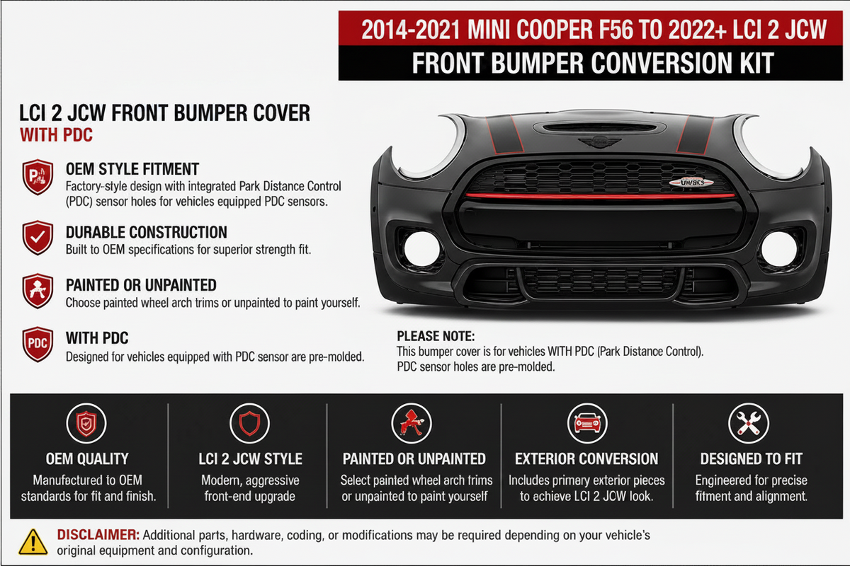 2014-2021 MINI Cooper F56 LCI2 JCW front bumper conversion with factory front parking sensor provisions