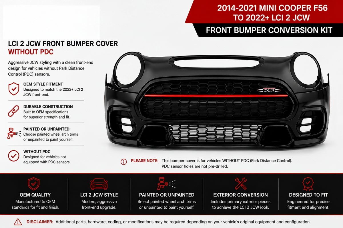 2014-2021 MINI Cooper F56 LCI2 JCW front bumper conversion without factory front parking sensors