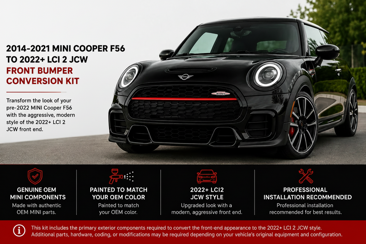 2014-2021 MINI Cooper F56 to 2022+ LCI2 JCW front-end bumper conversion overview