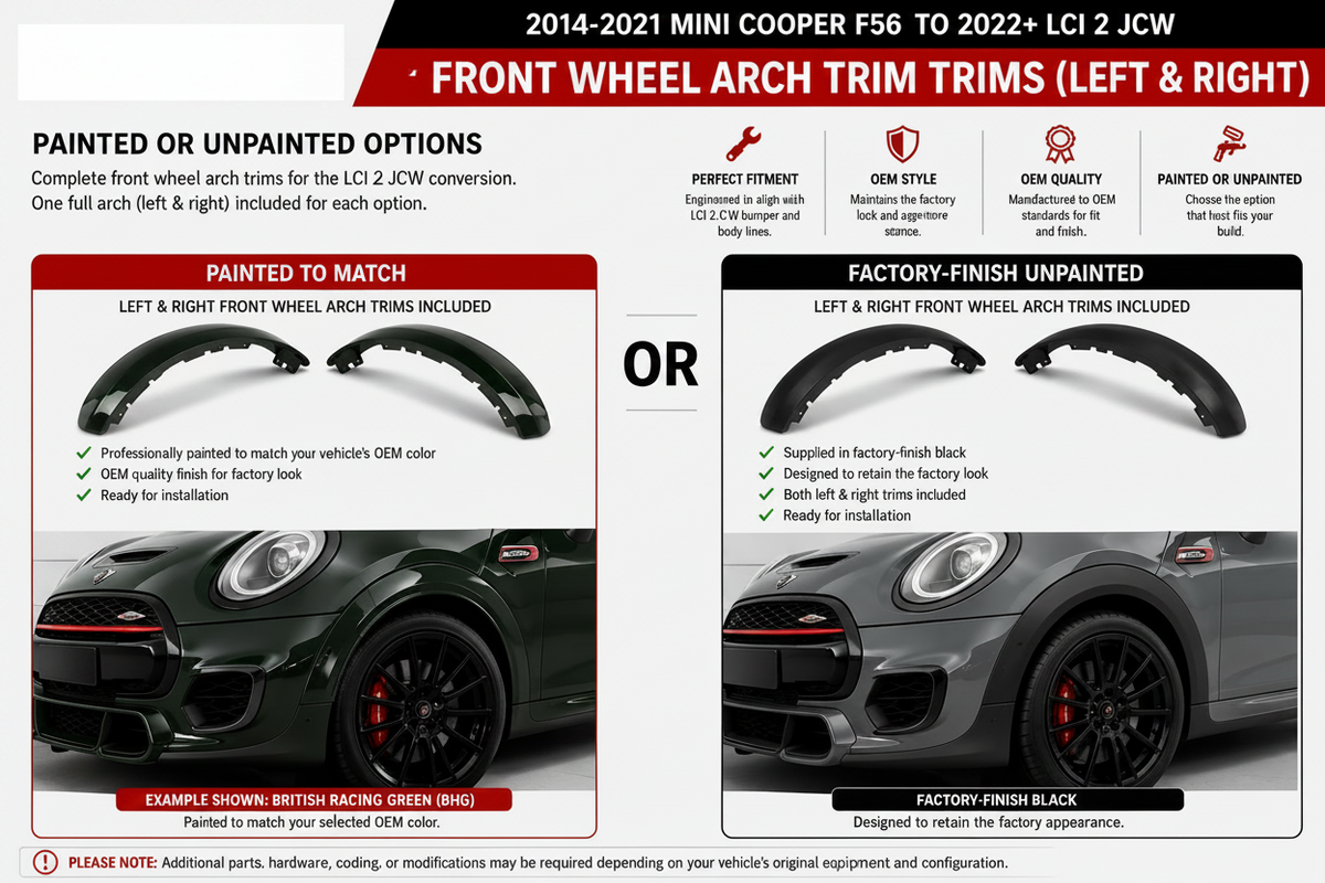 2014-2021 MINI Cooper F56 LCI2 JCW front wheel arch trims painted-to-match vs factory-finish unpainted