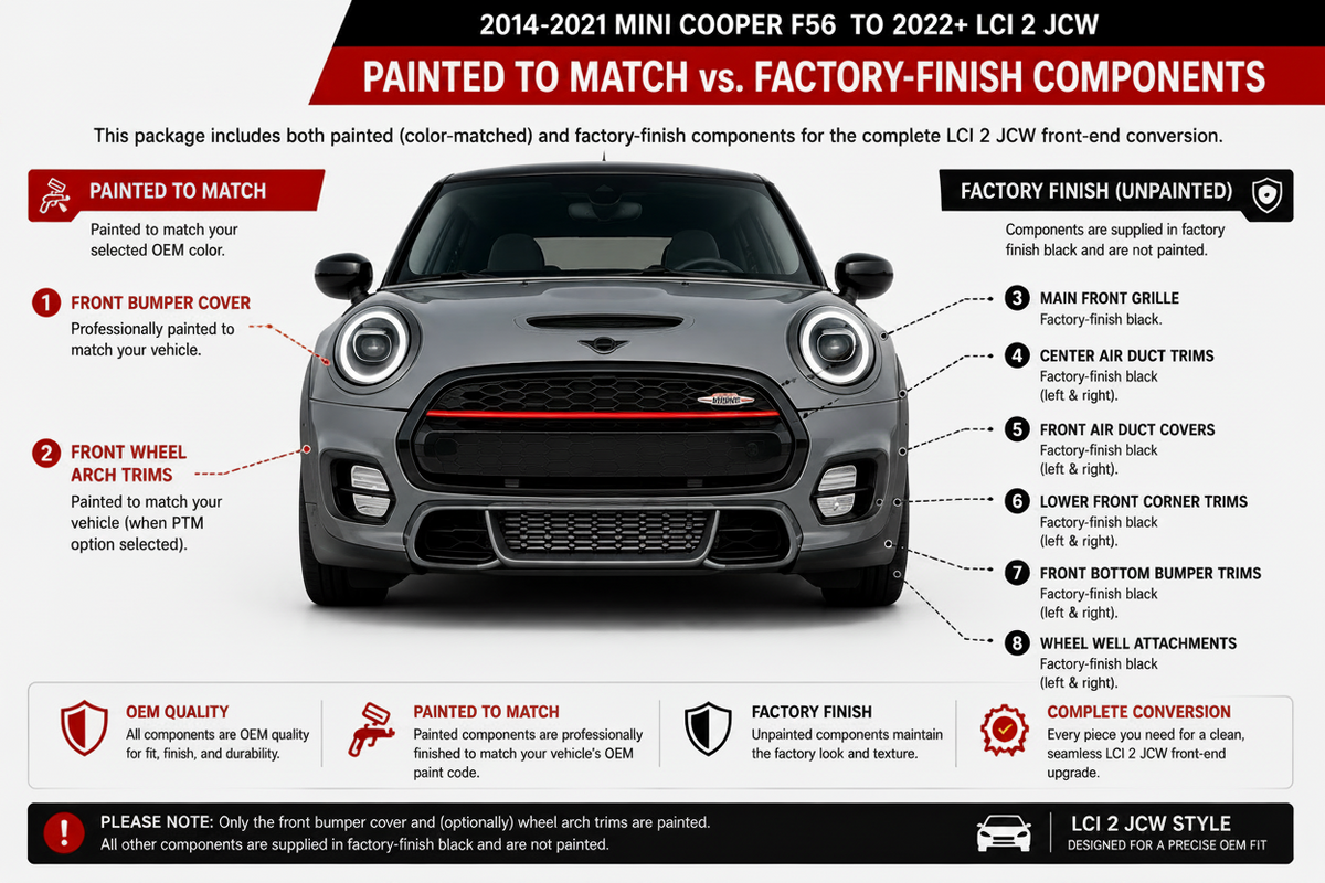 2014-2021 MINI Cooper F56 LCI2 JCW front bumper conversion painted-to-match vs factory-finish components